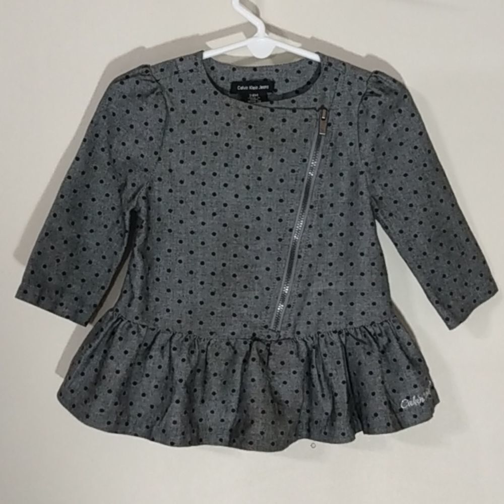 Calvin Klein Jeans Baby Girl 24M Gray Black Polka Dot Ruffle Dress